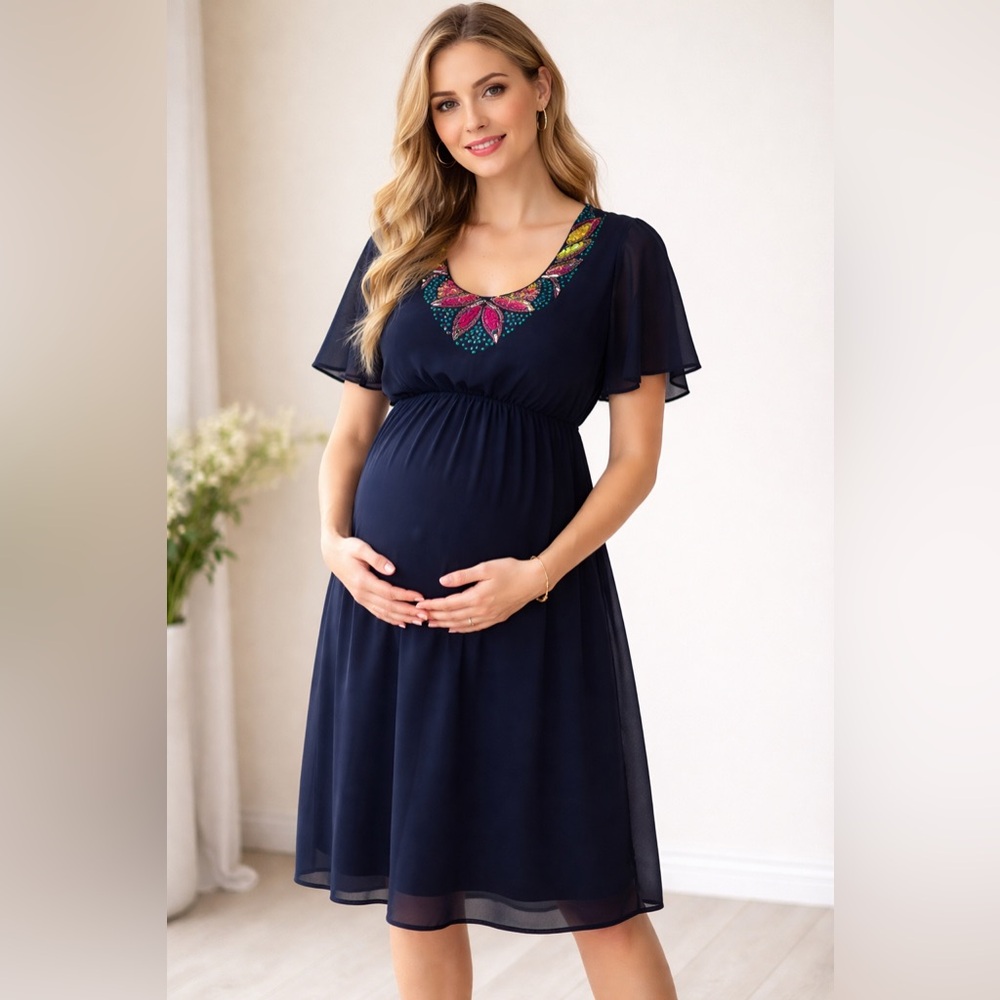 ASOS Maternity Navy Blue Chiffon Midi Dress Sequin Beaded Neckline Size 6
